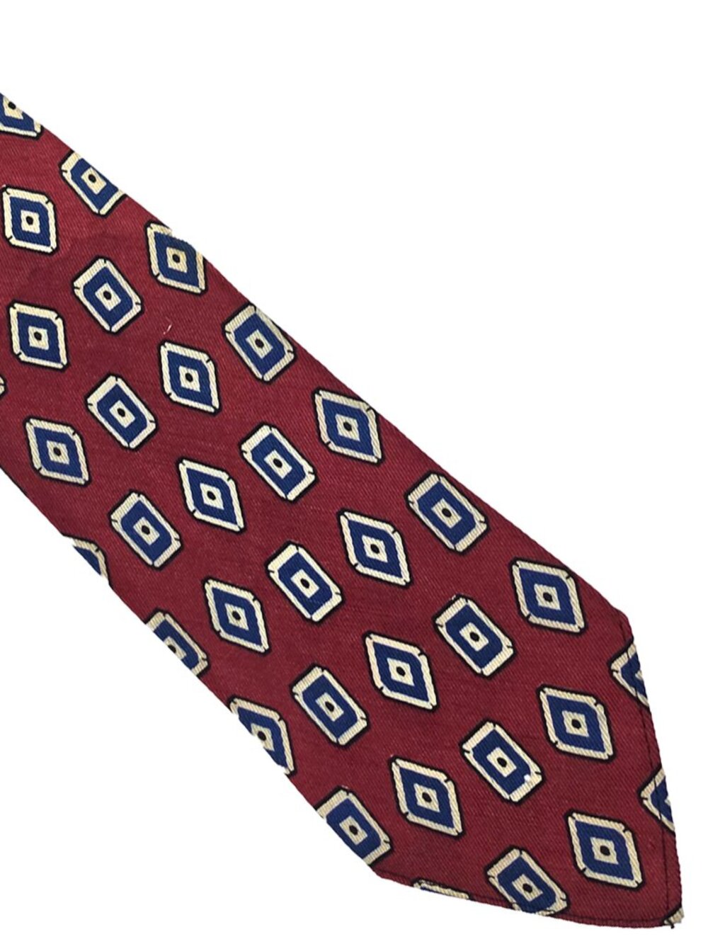 Vtg 1940s Hut Red Blue Ivory Geometric Rayon Short Tie Necktie 3.5 x 48 Drillard